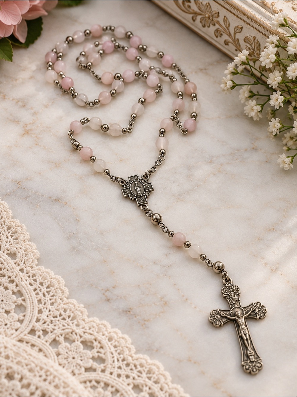 Vintage Italian Beaded Catholic Rosary Antiqued Silver Tone Crucifix